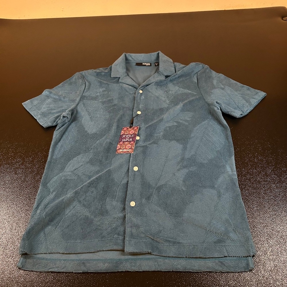 Murano Jewels of Jaipur Button Up Shirt Mens Medium Blue Leaf Terry Slim Fit NWT